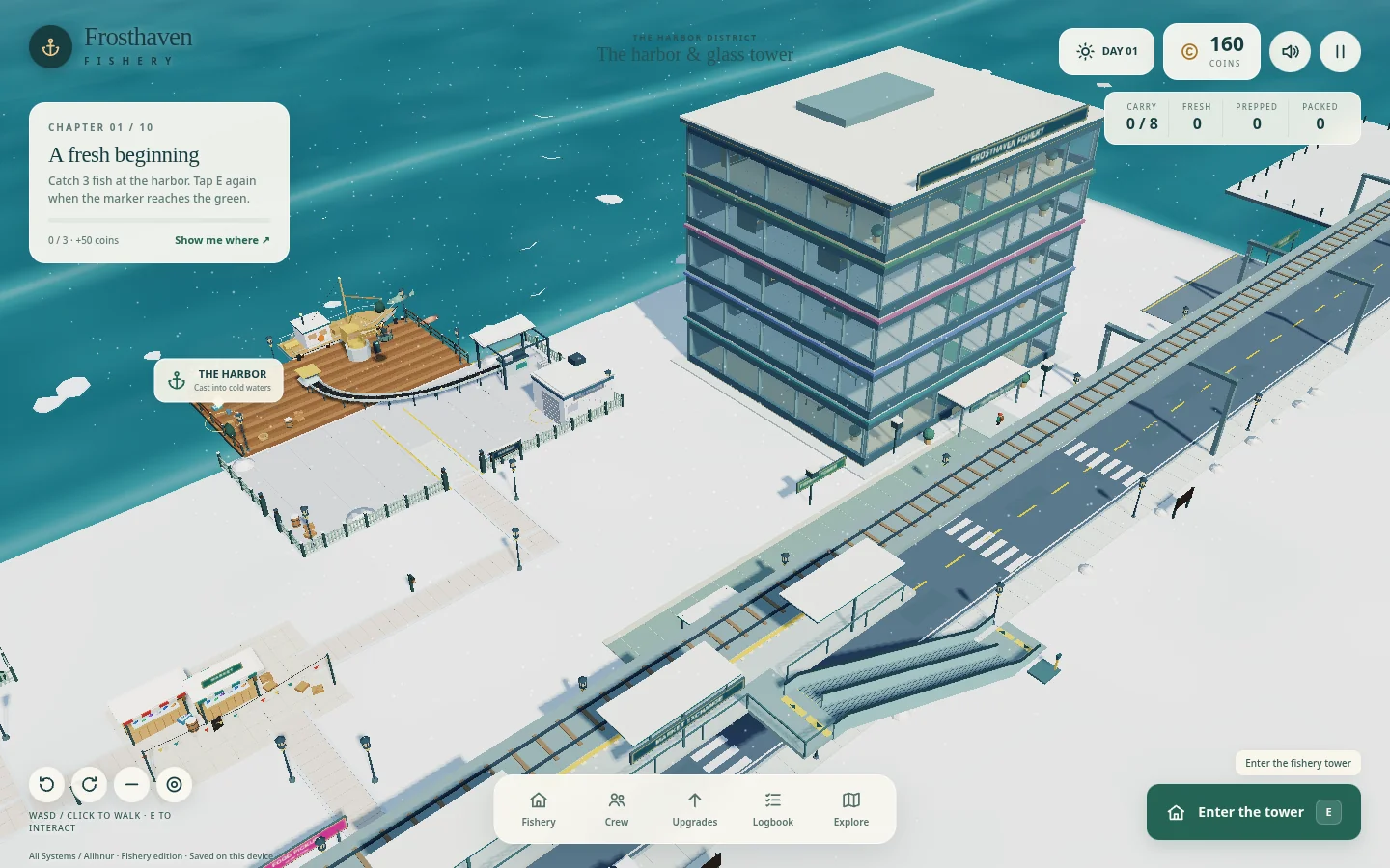 Frosthaven gameplay showing the harbor, fishing dock, tower, and game interface
