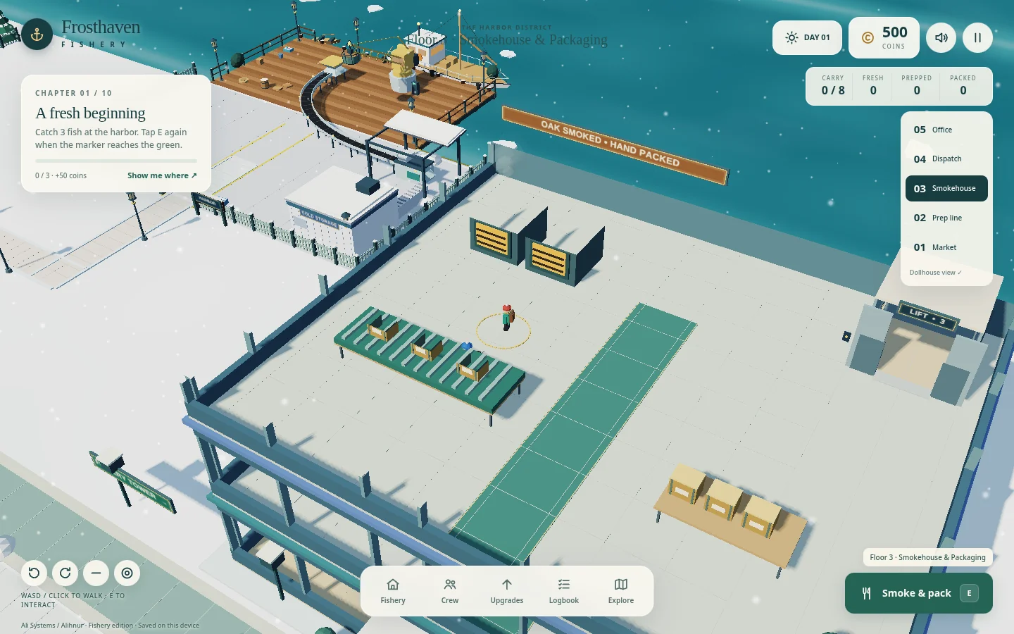 The fishery smokehouse interior, shown using a staged mid-game scene