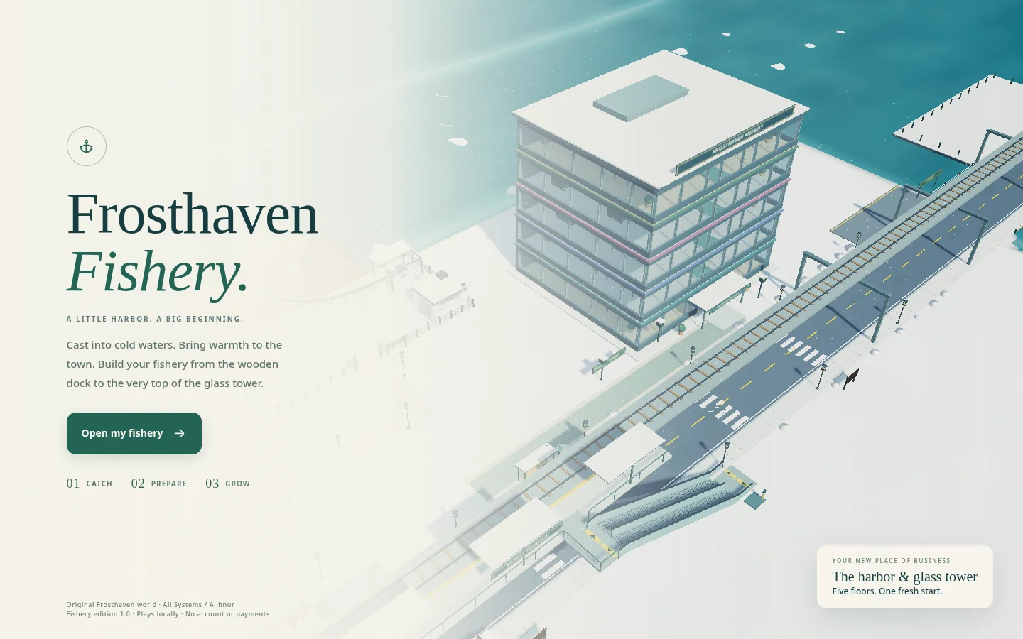 The Frosthaven Fishery welcome screen, with the glass tower and harbor